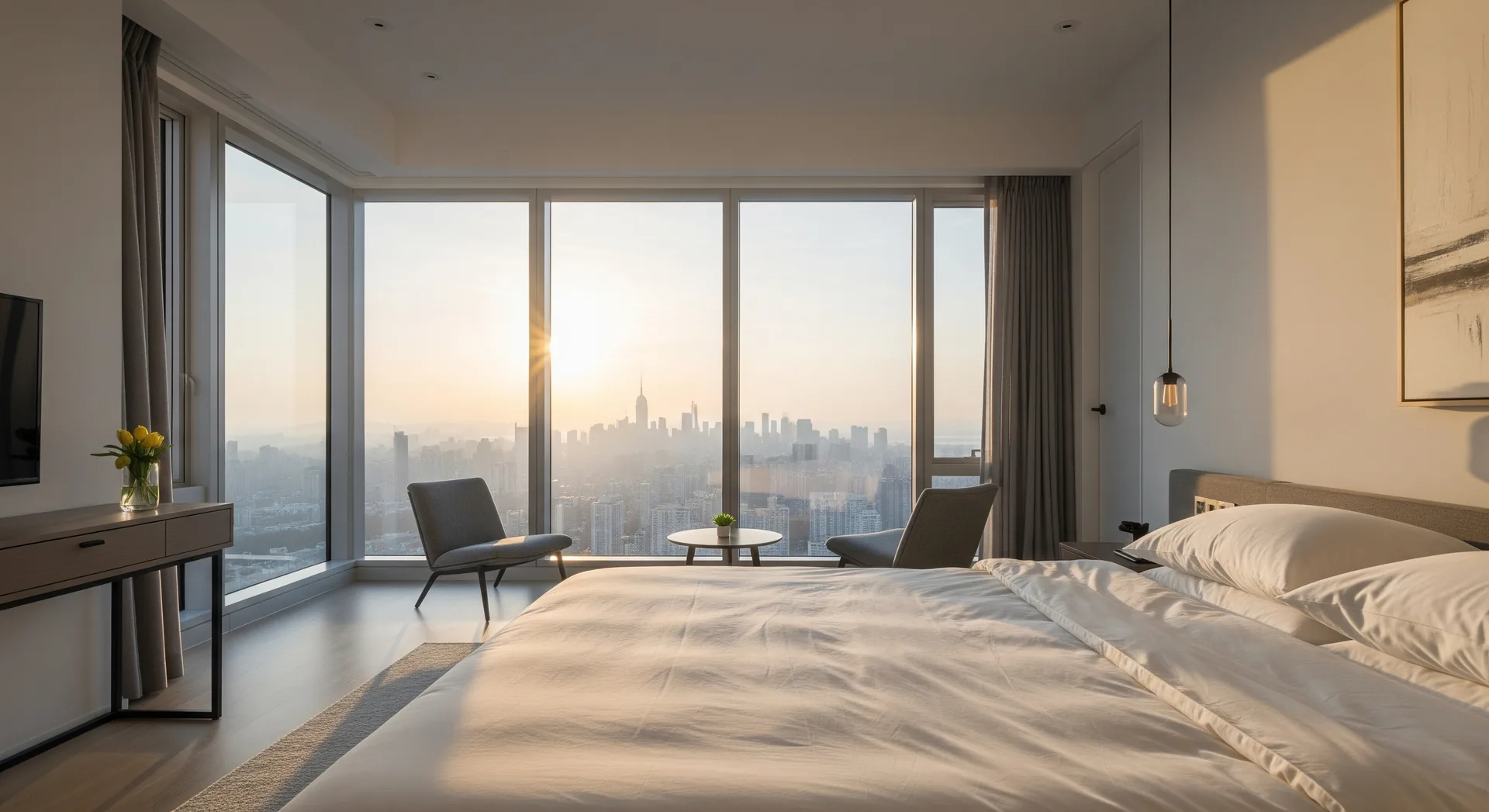 A serene, made-up bedroom catching early light over the city